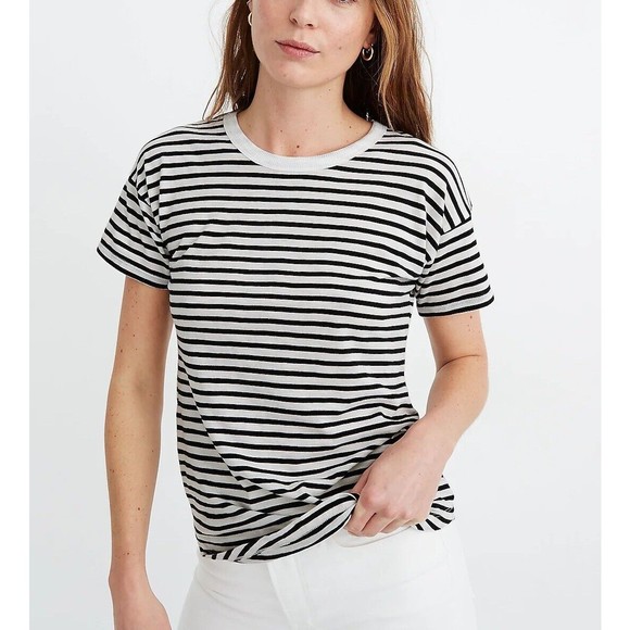 Madewell Black White Striped Ribbed Crew Neck Tee Size XS - Picture 1 of 10